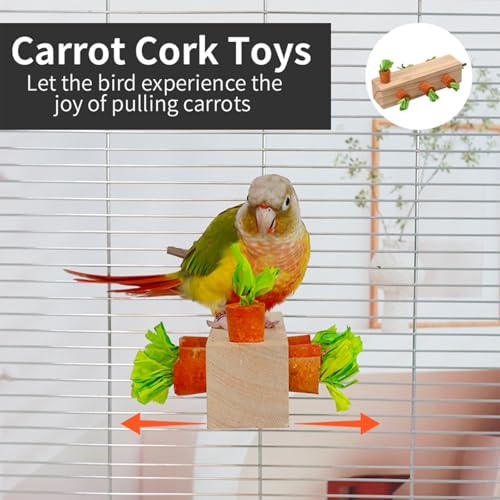 Bird Toys, Bird Chew Toy Cork Wooden Block Parrot Foraging Toys Birdcage Accessories for Conures Parakeets Cockatiels Lovebirds African Grey Macaws (Carrot Cork) - color: Carrot Cork