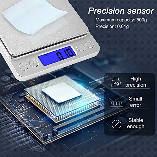 Kitchen Food Scale with 2 Trays, Diyife 500g/0.01g High Precision Scale | Mini Gram Scale with LCD Display, 6 Units, Auto Off, Tare Function, Cooking, Sliver (Batteries Included) - color: Silver