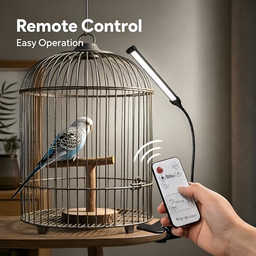 Bird Cage Light Full Spectrum LED with Remote Control, 10 Brightness Levels 3/9/12H Timer Flexible Gooseneck Lamp for Parrot Pet Birds Indoor Cages