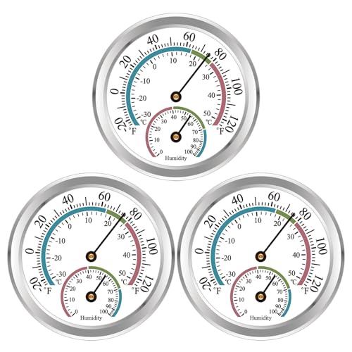 Indoor Thermometer Hygrometer Mini Analog 2 in 1 Temperature Humidity Outdoor Monitor Gauge for Home, Offices, Wall, Display Mechanical (Silver 3 Pack) - color: Silver-3pack