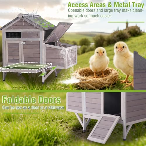 GUTINNEEN Chicken Coop Outdoor Weatherproof Duck House with Nesting Box, Perches, Metal Tray for 2-4 Chickens, Ducks, 40.94" L x 27.37" W x 38.55" H - color: (Grey)