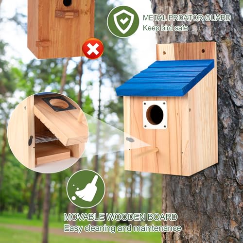 4-Pack Blue Wooden Bird Houses for Outdoors with Predator Guard, Bluebird Houses for Outside – Ideal for Bluebirds & Other Backyard Birds, Blue