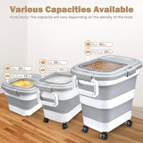 Rice Storage Container, Collapsible Airtight 10-40 Lb Rice Storage Container, 25lb Pet Dog Food Storage Container, Rice Dispenser Bin with Cup and Scoop for Flour Cereal Pasta Grain, Cat Bird - size: 10-40 Lbs