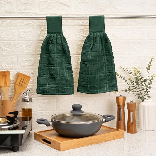 Blue Needles Hanging Kitchen Towels - Forest Green 100% Cotton Solid Kitchen Tie Towel, Set of 2 Hand Dish Cloth with Hanging Loops 9 x 17 Inches, Absorbent, Super Soft, and Fast Drying Home Essential - color: Forest Green