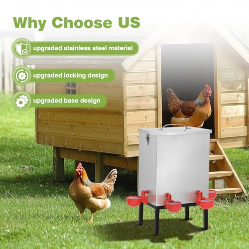 3 Gallons Chicken Waterer,Stainless Steels Automatic Chicken Waterer with Latch and Bottom Bracket，Poultry Watering 4 Water Cups Chicken Feeder Waterer and 4 Horizontal Automatic Chicken Nipples