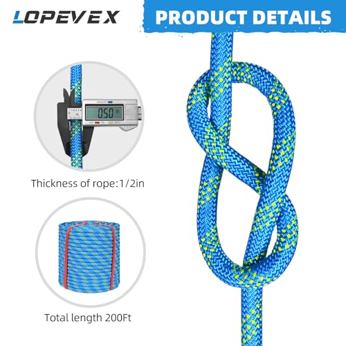 1/2 Inch Static Climbing Rope (200 Ft) - 9000lbs High Strength Arborist Bull Rope for Tree Work, Deep Rappelling & Safety Rigging - 48 Strand Core, Blue - size: 1/2in x 200ft, style: Blue