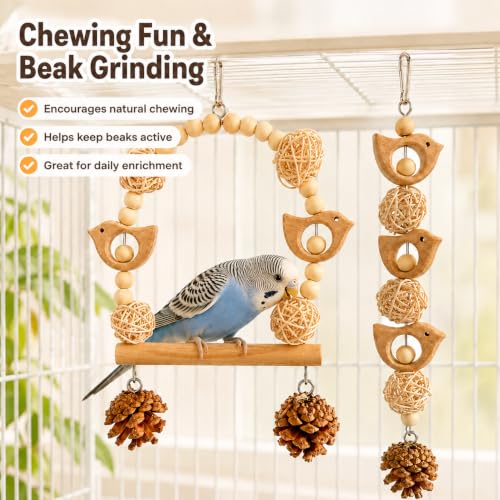 2PCS Bird Toys, Natural Wood Bird Cage Hanging Toys,Chew Shred Forage Toys for Parrots,Cockatiel,Conure,Love Birds,Parakeets,Budgie and Other Small Birds - style: Style 2