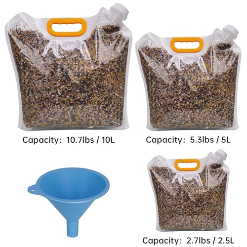 NiHome Bird Seed Storage Container, 3 Pack Airtight BPA Free, 10L/5L/2.5L | Portable Dispenser For Sunflower, Thistle, Nuts, Wild Bird Pet Food. Funnel, Handle & Spout For Indoor & Outdoor Use