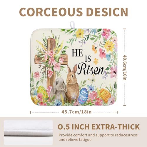 Easter He Is Risen Bunny Dish Drying Mat for Kitchen Counter Spring Easter Cross Floral Eggs Drying Pad 16x18 In Microfiber Absorbent Holiday Dishes Drainer for Kitchen Counter Tableware - color: Easter Cross, size: 16" x 18"