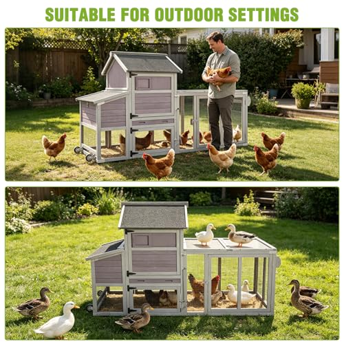 Gutinneen 77" Mobile Chicken Coop with Wheels for 4-6 Chickens, Expandable Wooden Hen House with Reinforced Nesting Box, Full-Cover UV Roof, Pull-Out Tray, Outdoor Duck Coop & Rabbit Hutch - color: (Grey-AIR27)