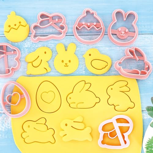8pcs Mini Easter Cookie Cutters, Bunny, Egg & Chick Shapes | One-Touch Raised Design Easter Cookie Stamps for DIY Baking, Decorating, and Party Fun