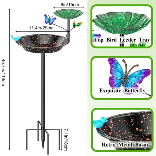 Metal Bird Bath for Outside Garden Birdbath Bowl, Freestanding Bird Feeders for Outdoors with 5 Prongs Base Stake, Standing Birdfeeders Birdbath Bowl for Yard Decor(Black-2-in-1-Butterfly) - color: Black-2-in-1-Butterfly