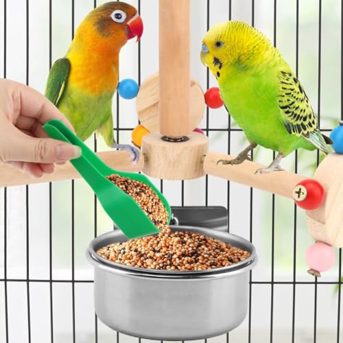 2Pcs Stainless Steel Bird Feeding Bowls with Feeding Spoon,Parrot Food Bowl Cage with Clamp Holder, Parrot Cage Water Feeder,for Cockatiel Parrot Macaw Small Animal Chinchilla