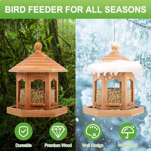 Wooden Bird Feeder for Outdoors Hanging, Red Cedar Hexagon Shaped Large Capacity, Cardinal Birdfeeder for Garden Decoration Yard, Weatherproof and Durable(Medium) - size: Medium