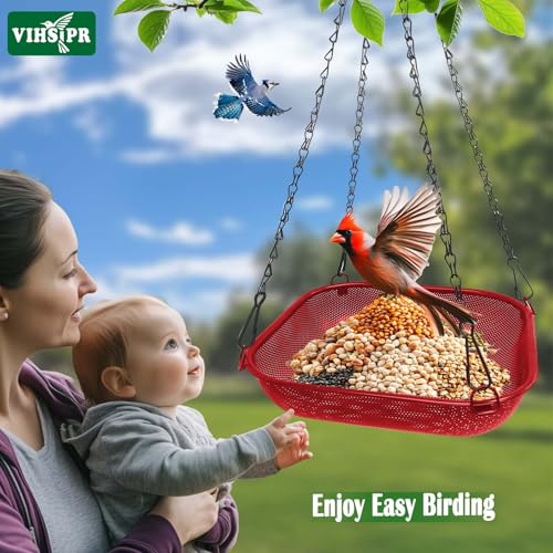 Hanging Platform Bird Feeder, 11 in Square, Red | Stainless Steel Mesh Seed Tray, Backyard & Patio, Outdoor Use - color: Red - Square