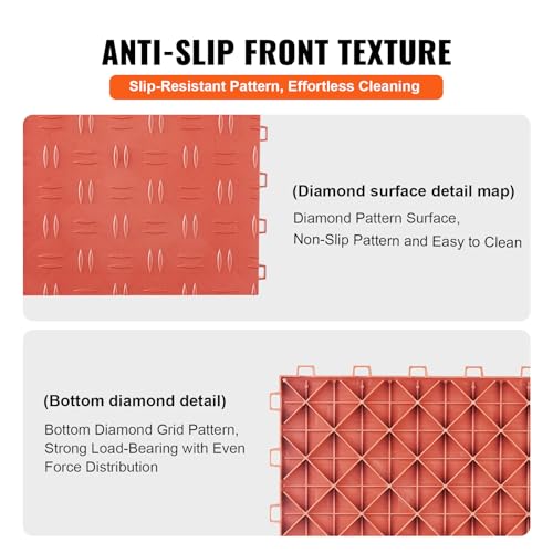 VEVOR Garage Floor Tiles 12 x 12 x 0.53 inch, Interlocking Design Ease of Installation Double-Sided Texture Non-Slip Sturdiness, for Garages, Basements, Repair Shops, Red, 50 Pack | Easy Installation, Double-Sided Texture Non-Slip Sturdiness, Polypropylen