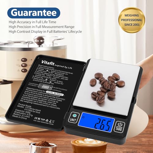 Vitafit 500g Digital Gram Scale in 0.01g, High Accuracy Assured by Built-in Level Bubble, Scale Professional Since 2001, Pocket Scale for Multi-Function: Kitchen, Food, Jewelry, Lab, Coffee, Black - color: Black, size: 4.8 x 3.3in