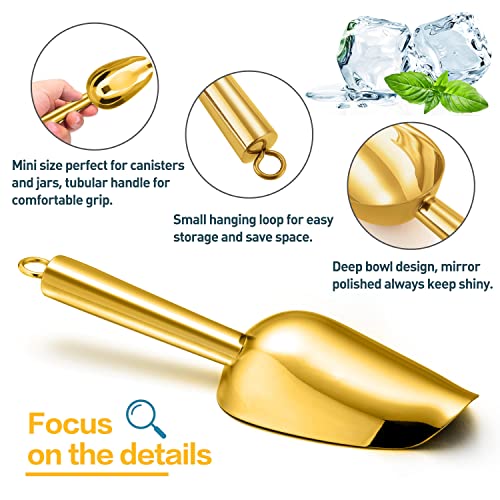 Herogo 3oz Mini ice Scoop Set of 2, Small Stainless Steel Scooper for Candy/Flour/Bean/Pet Food/ Ice Cube, Metal Utility Scoops for Kitchen Bar Party Wedding, Dishwasher Safe & Heavy Duty, Gold - color: Gold