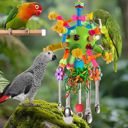 Parrot Toys Bird Toys Perch Pullable Stainless Steel Spoons Colorful Acrylic Stick Chew Toys for Amazons Mini Macaws African Greys Cockatoos Conures,Cockatiels,Lovebirds,Parrotlets and Other (green) - color: green