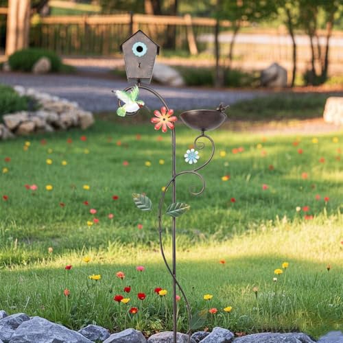 Yinns Metal Bird House, Decorative Birdhouse Stake with Bowl for Yard Decor | 69“ Bird House with Baths Bird Pole, Heavy Duty Birdhouse Stake for Outdoor Metal Bird Bath Bowl for Outside Garden Decor - color: Brown