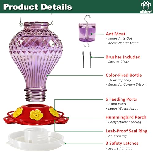 Glass Hummingbird Feeder for Outdoors Hanging, 20 oz Nectar Capacity, 6 Feeding Ports, Leak-Proof Rust-Free Plastic Base, Easy to Refill & Clean, Decorative Purple Glass Bird Feeder for Garden Patio - color: Purple, size: 20 Fluid Ounces