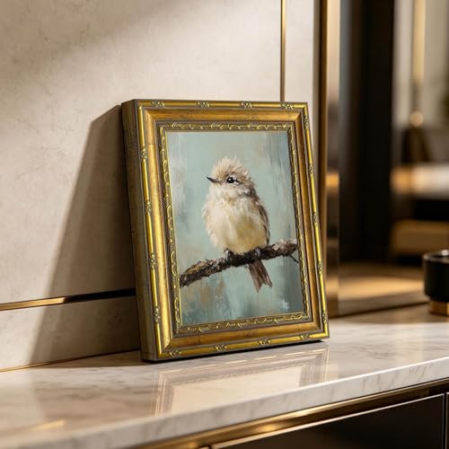 DR.RiftArt Vintage Wall Art Gold Framed Bird Decor Rustic Farmhouse Style | Cute Fluffy Bird on Branch Oil Painting, Canvas Print Artwork , For Living Room Bedroom Office 9x11 inch - color: Cute Bird, size: 11"L x 9"W