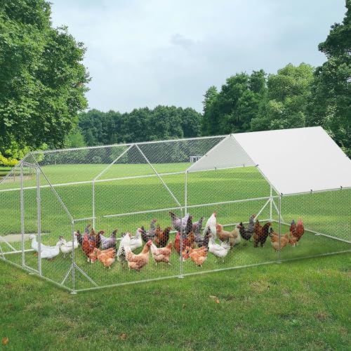 GarveeTech 6.5FT Walk in Chicken Coop Metal, Large Chicken Run with Triangular Brackets, Waterproof & Anti-UV Cover, Poultry Cage for Duck Goose Rabbit, Hen House for Yard Backyard Farm, 6.6' h - size: 9.8' x 19.7' x 6.6'