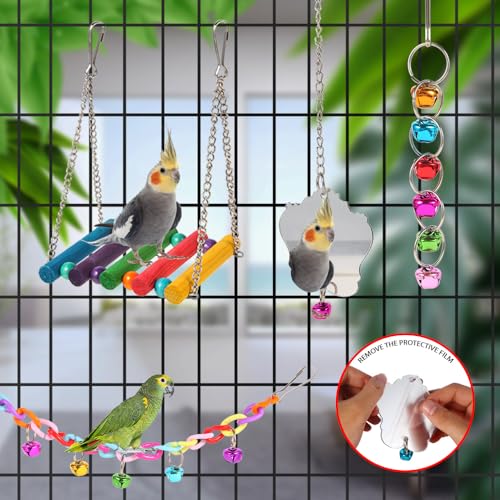 YIXUND Bird Toys for Parakeets, Parrots, Conures, Cockatiels, Love Birds, Finches, Mynah, Budgerigar - 9Pcs Wooden Ladder Bridge, Swing, Hammock, Cage Accessories