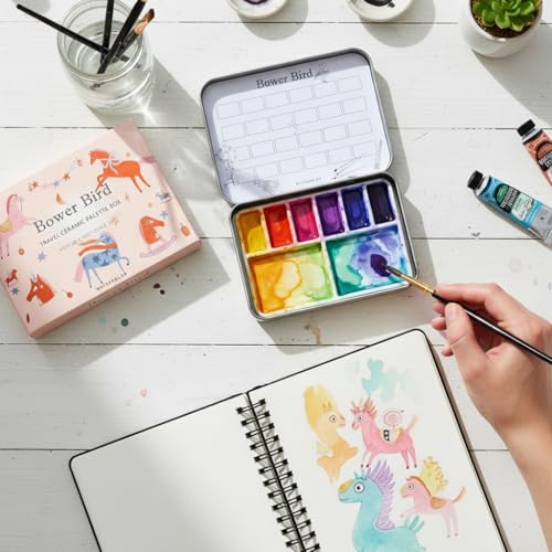 Bower Bird Travel Ceramic Watercolor Palette with Porcelain Mixing Tray, Metal Tin Box, White, 5.3x3.5x0.55 Inches, Portable Art Kit (8Well)