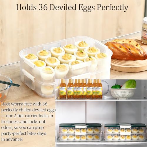 VitalYang Deviled Egg Container with Lid, Double Layer Egg Container, 36 Count Deviled Egg Tray- Secure Lock & Handle, Stackable, Leak-Proof Design for Parties & Catering, Green - color: Green