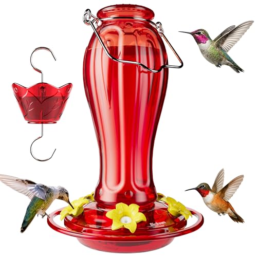 Birdream Glass Hummingbird Feeders, 18oz Large Capacity, Red | 5 Feeding Ports, Built-in Ant Moat, For Outdoors Hanging, Decorative for Garden Patio Backyard - color: Red