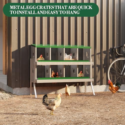 Galvanized Steel Chicken Nesting Box 8 Grids, Metal Egg Laying Boxes for Hens with Hinged Lid and Ventilated Design, Easy Clean Poultry Nest Box for Chicken Coop Accessories, Green, with Legs - color: Green, size: 8 Holes with Legs