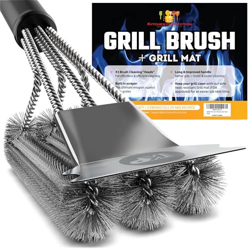 Safe Wire Grill Brush for Outdoor Grill w/Grill Scraper & Grill Mat Grill Cleaning Kit -Extended Handle BBQ Brush for Effortless Grill Cleaning Grill Cleaner Brush Barbecue Tools