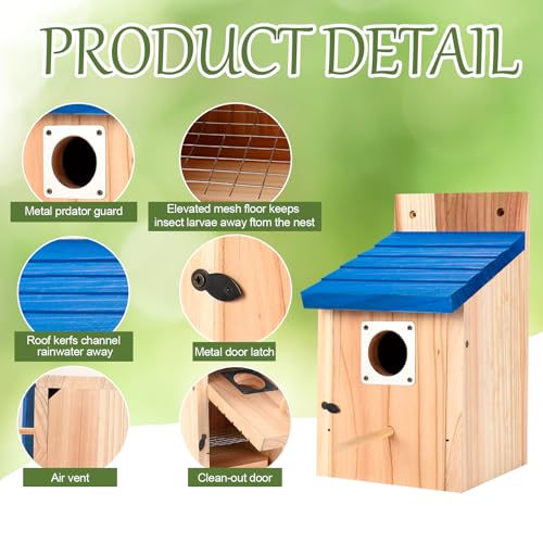 4-Pack Blue Wooden Bird Houses for Outdoors with Predator Guard, Bluebird Houses for Outside – Ideal for Bluebirds & Other Backyard Birds, Blue