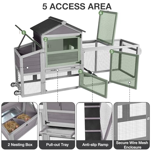 Large Chicken Coop with Wheels, Wooden Hen House with Run & Nesting Box, for 3-5 Chickens, Waterproof Asphalt Roof, Ramp & Leakproof Tray, Expandable - Grey - color: Grey (AIR72)