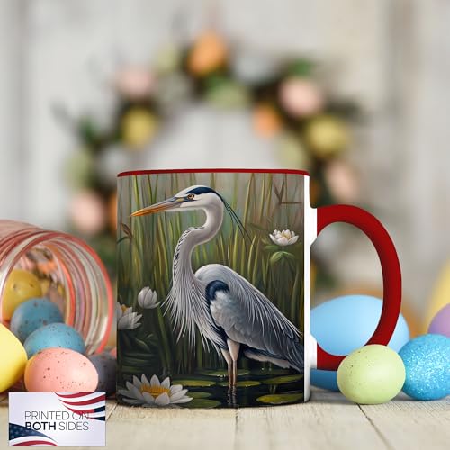 Great Blue Heron Art Coffee Mug, Wildlife Bird Lover Mug, Marsh Scene with Water Lilies & Reeds, Nature-Inspired Drinkware for Outdoor Enthusiasts, Ceramic Cup with Red Handle - Spring & Summer(Heron) - color: Blue Heron