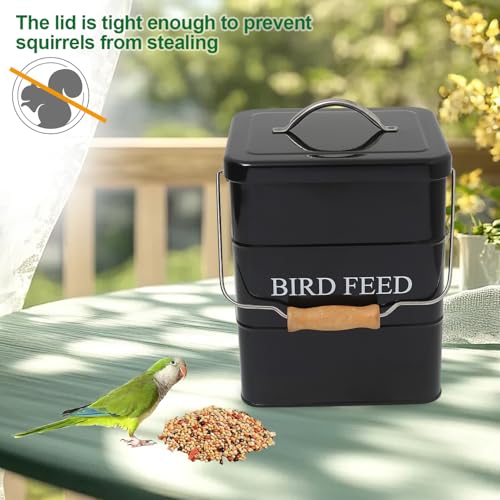 Bird Seed Storage Container Airtight,5~6LB Metal Bird Food Container with Scoop,Wild Birds Feed Tin for Storing Sunflower Seed-Ideal for Outdoor or Indoor-Squirrel proof -Black - color: Black