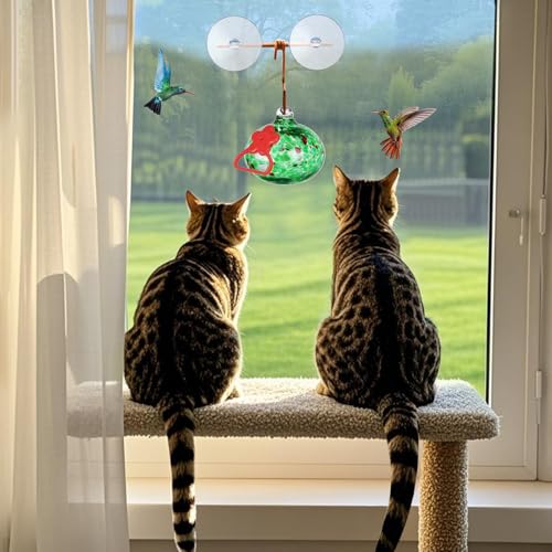 Pozfun Window Hummingbird Feeder with Suction Cups,Hand-Blown Glass Hummingbird Feeders for Outdoors Window Mounted with Metal Hook,Close Bird Watching,Finch in Garden,Yard(Green) - color: Green