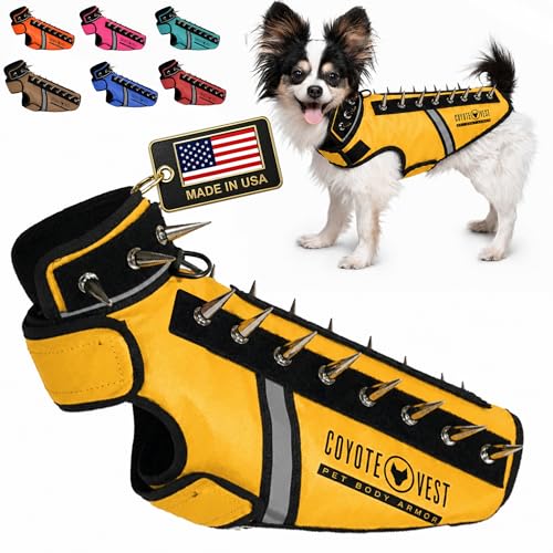 CoyoteVest SpikeVest Dog Harness, Made in the USA, XS-Yellow | Stab-Resistant Protective Vest | Coyote Vest for Dogs | Defends Against Coyotes, Dogs, Birds of Prey | Reflective Safety - color: Yellow, size: X-Small