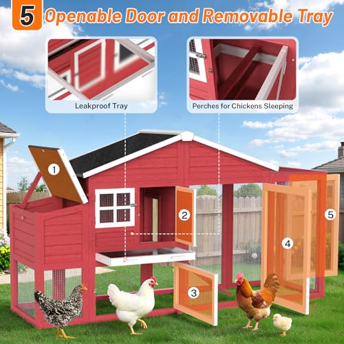 84.7''L Chicken Coop, Large Poultry Cage for 4-6 Chickens, Outdoor Hen House Design with Nesting Box, Weatherproof Roof and Leakproof Pull-on Tray, Easy to Install＆Clean(Red) - color: Red