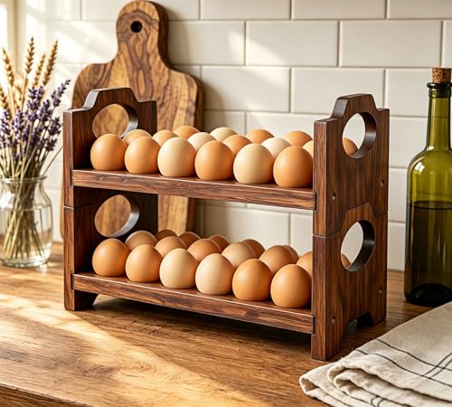 Wooden Egg Holder for Countertop,Holds 36 Eggs,2-Tier Farmhouse Egg Organizer for Fresh Eggs,Stackable Egg Storage Rack for Kitchen