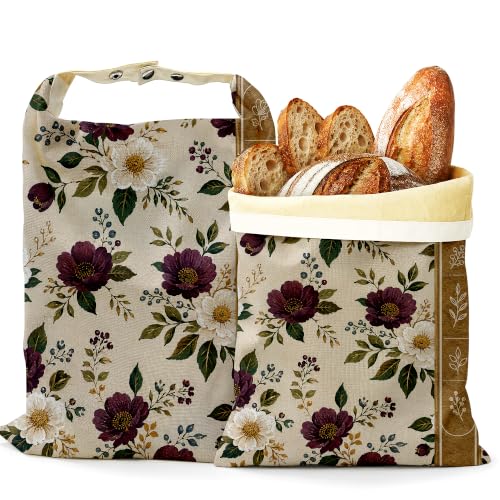 2 Pack Beeswax Burgundy Floral Bread Bags for Sourdough Homemade Breads, Reusable Beeswax Bread Ivory Botanical Storage Bag, Keep Loaves Fresh Longer, Freezer Safe & Airtight, Zero Waste 17 x 13'' - color: Burgundy Floral