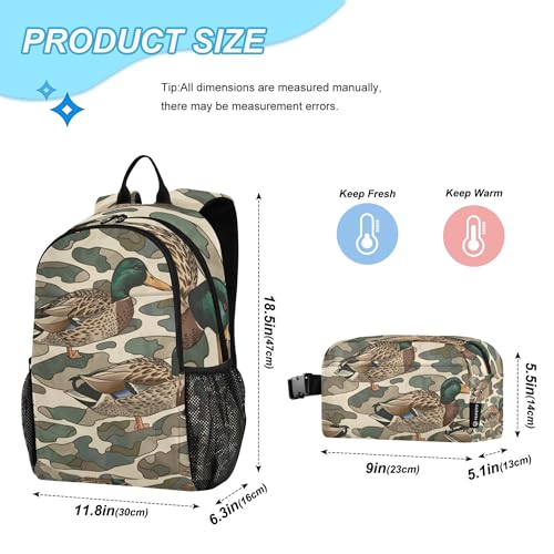 Duck Camo Camouflage Backpack with Lunch Bag for Boys Girls, Travel School Backpack Set - color: Brown and Green
