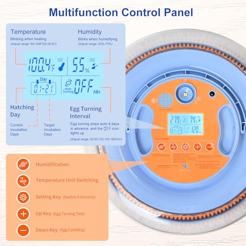 26 Eggs Incubator with Voice Control, Automatic Egg Turning & Humidity Control, °F/°C Switchable, Built-in Egg Candler, Poultry Hatcher for Chicken Duck Bird Eggs - Blue - color: Blue