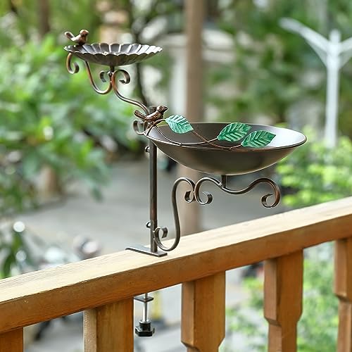 Jemeni Deck Mounted Bird Bath and Feeder Combo, 2 in 1 Bird Feeder with Baths for Outdoor with Clamp Mount Balcony Railing Attracting Birds | Deck Mounted Bird Feeder with Clamp Mount Balcony Railing Attracting Birds