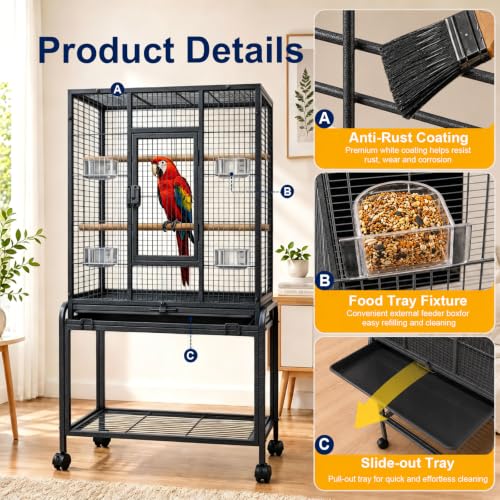 54-Inch Bird Cage with Horizontal Wire Design, Wrought Iron Bird Flight Cage with Rolling Stand, and Slide-Out Tray Suitable for Parrot, Cockatiel, Lovebird, Finch, Pigeon.