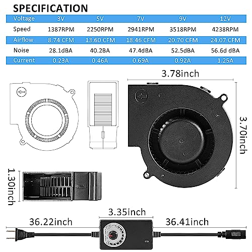 97mm 12V DC IP68 Waterproof Blower Fan with Speed Controller 1600-4000 RPM | 97mmx33mm High-Speed Powerful Exhaust Blower for Humid/Dusty Areas Inflatables Replacements Amplifiers Car Engines Computing - size: 9733