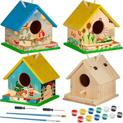 Liliful 4 Sets Wooden DIY Birdhouse Kit, Unfinished Bird Houses with Paints and Paintbrushes, Bird Feeder Craft Arts for Kids Ages 4-8, 8-12, Classroom Activity and Adults Wooden Craft Gifts