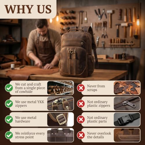 Full Grain Leather 16" Laptop Business Travel Backpack for Men, Brown | Crazy Horse Leather, YKK Metal Zippers, 5 Compartments, Ergonomic S-Straps, Large Capacity, Trolley Sleeve - color: Brown
