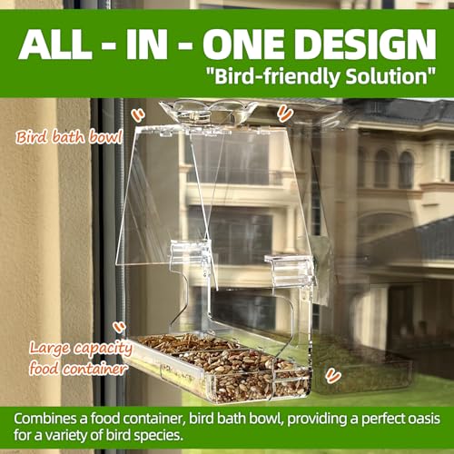 WENMIXER Window Bird Feeder with Non-Marking Self-Adhesive Hooks, Clear and Transparent, Outdoor Wild Bird Watching Gift, Garden Decor (with Large Window) - style: With Large Window